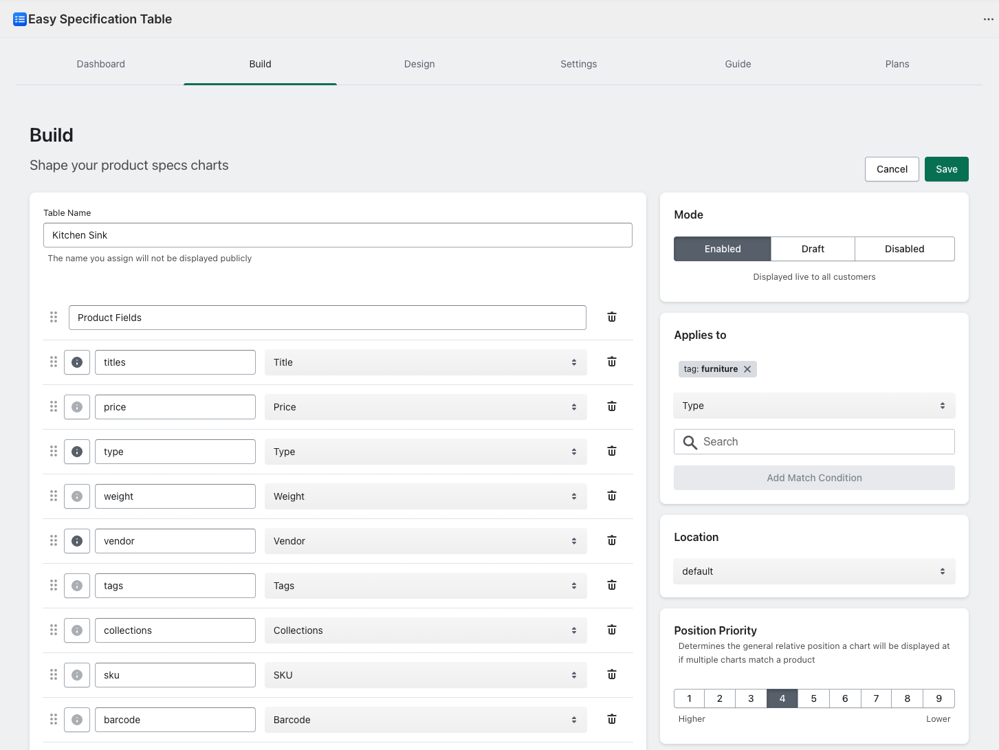 Build your specification charts